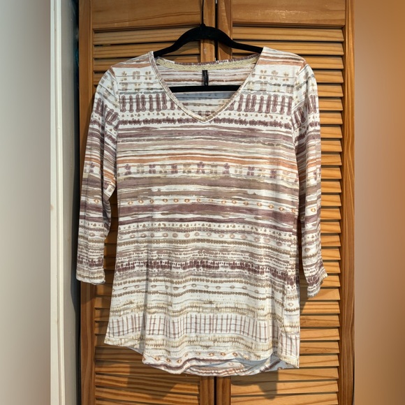 North River Striped V-Neck Women's Top 3/4 Sleeves Sheer size Small - Picture 1 of 8
